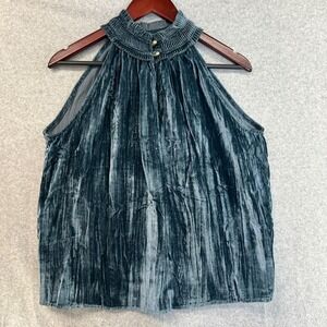 Marie Oliver Smocked High Neck Crushed Velvet Tank Top Blouse Teal Blue Sz Small
